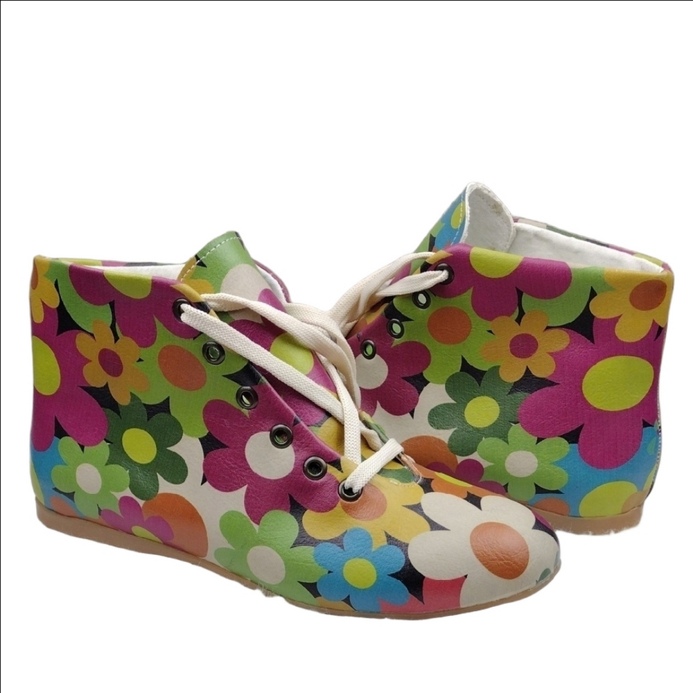 Goby Colorful Floral Textile Round Toe Lace Up Flat High-Top Sneaker Shoe